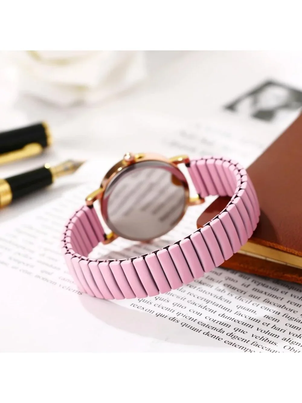 Women's Pink Analog Quartz Elastic Strap Arabic Numerals Waterproof Wrist Watch